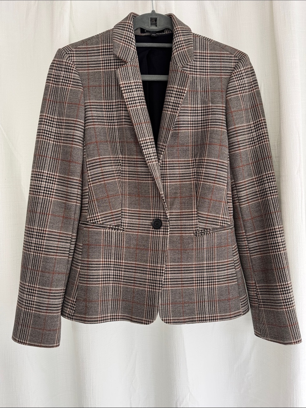 Express Plaid Single-Button Blazer in Gray and Brown with Rust Accents